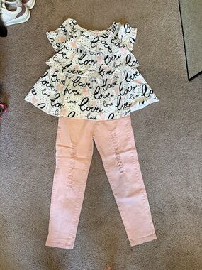 Girls' Pink Love Print Top & Pink Legging Matching Set